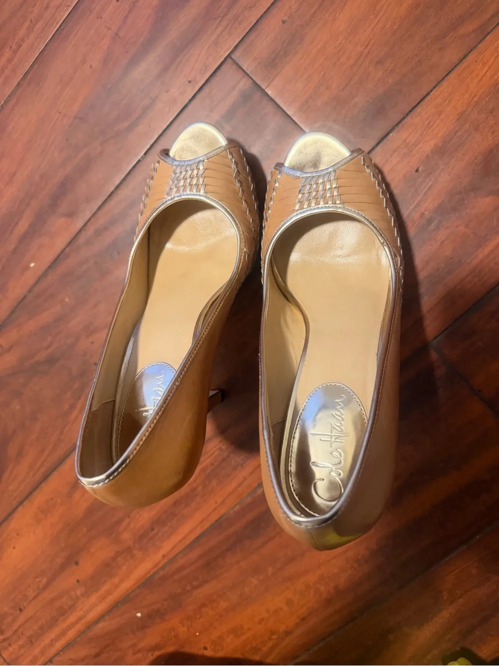 Cole Haan Woven Tan Peep-Toe High Heels - Picture 3 of 10